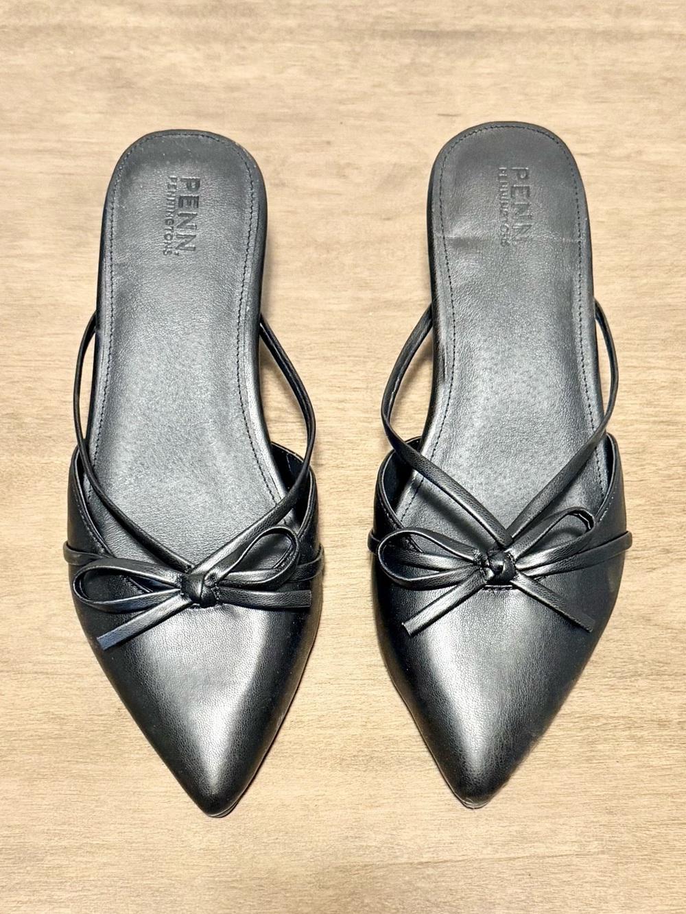 Penningtons Black Pointed-Toe Bow Slip-On Mules